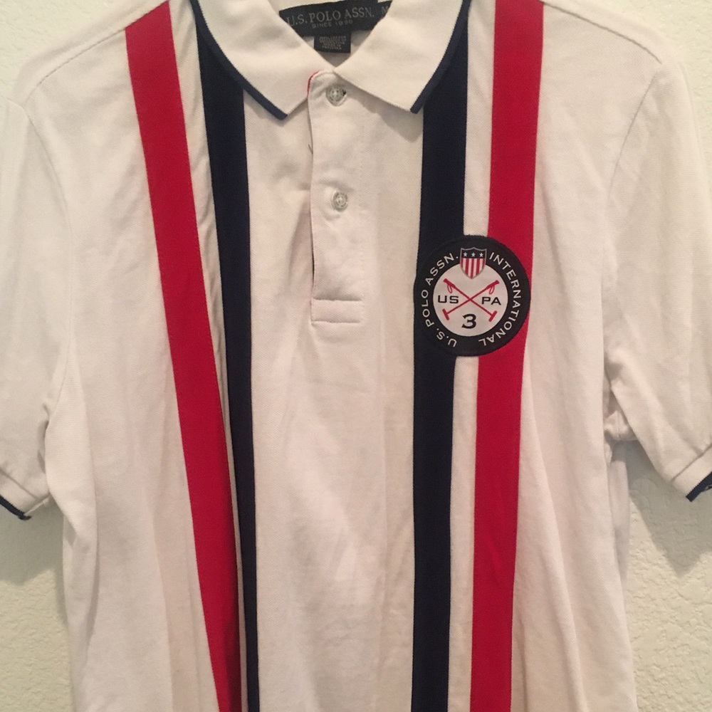 US Polo white red and blue striped polo size: M